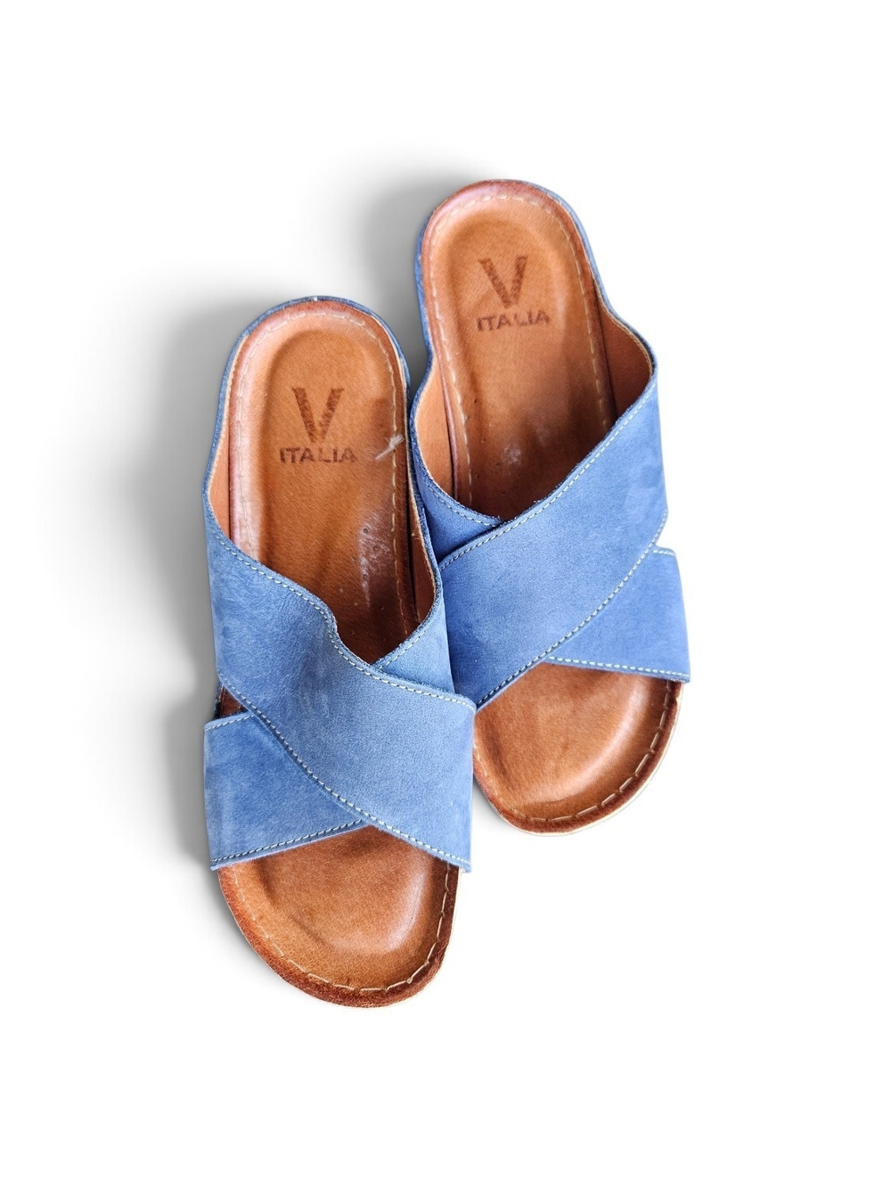 V Italia Blue Suede Crossband Slide Mules
